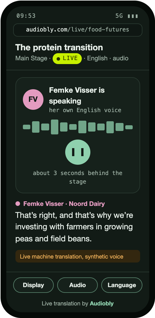 Attendee phone screen: Femke Visser is speaking, in her own English voice, with the translated caption underneath