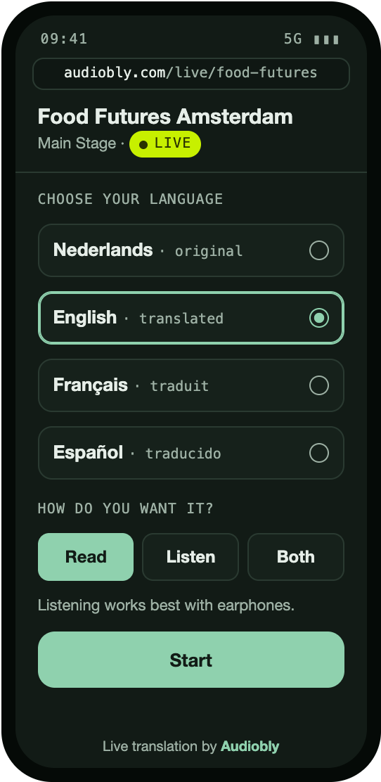 Attendee screen: choose a language, then read, listen or both