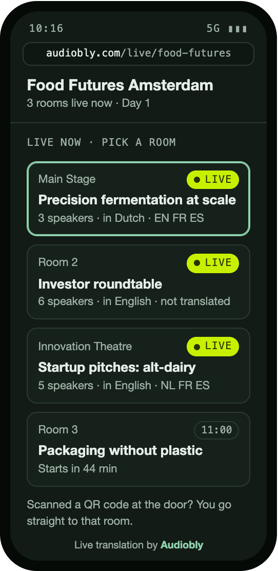 Attendee screen: three rooms live now, with the talk and languages in each