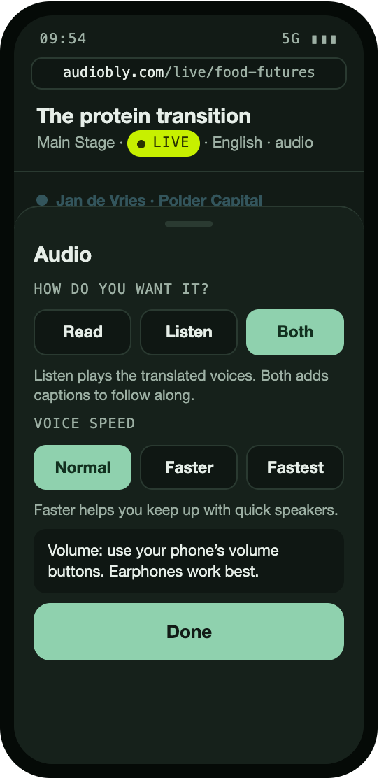 Attendee screen: audio settings for reading, listening and voice speed