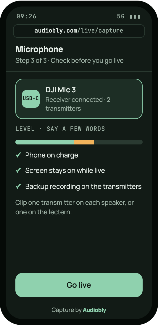 Capture screen, step 3: the mic receiver connected and the level moving