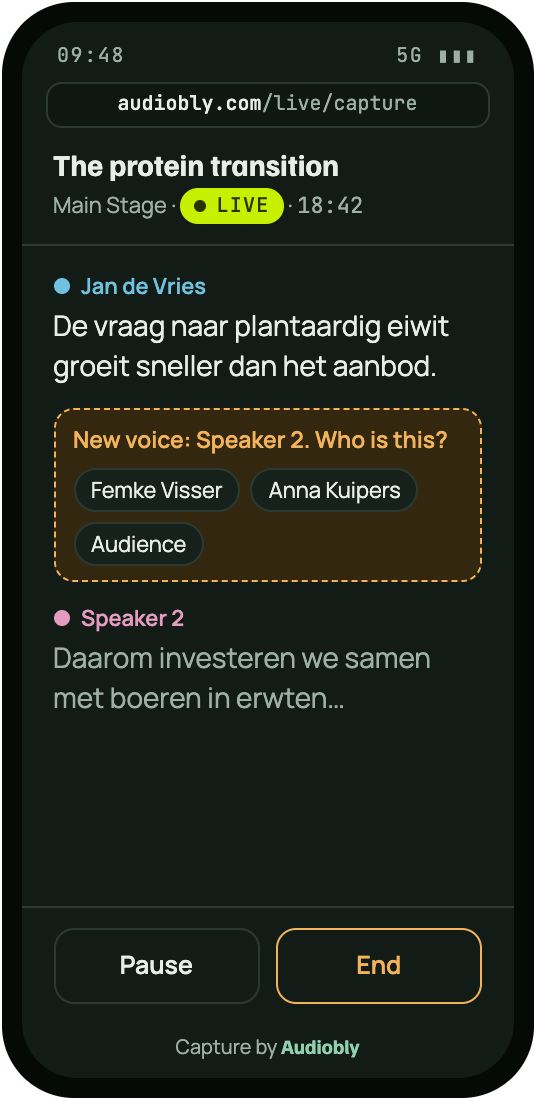 Capture screen while live: a new voice is detected and the operator picks a name