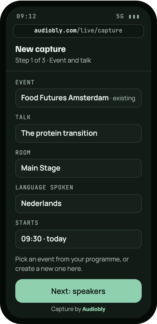 Capture screen, step 1: choose the event, talk, room and language spoken
