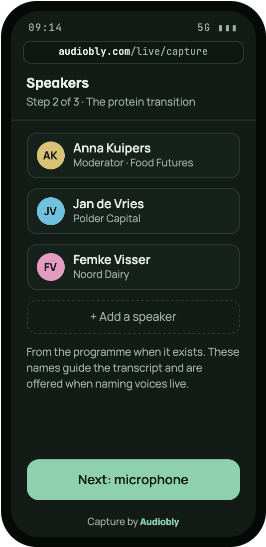 Capture screen, step 2: the speakers on stage, taken from the programme