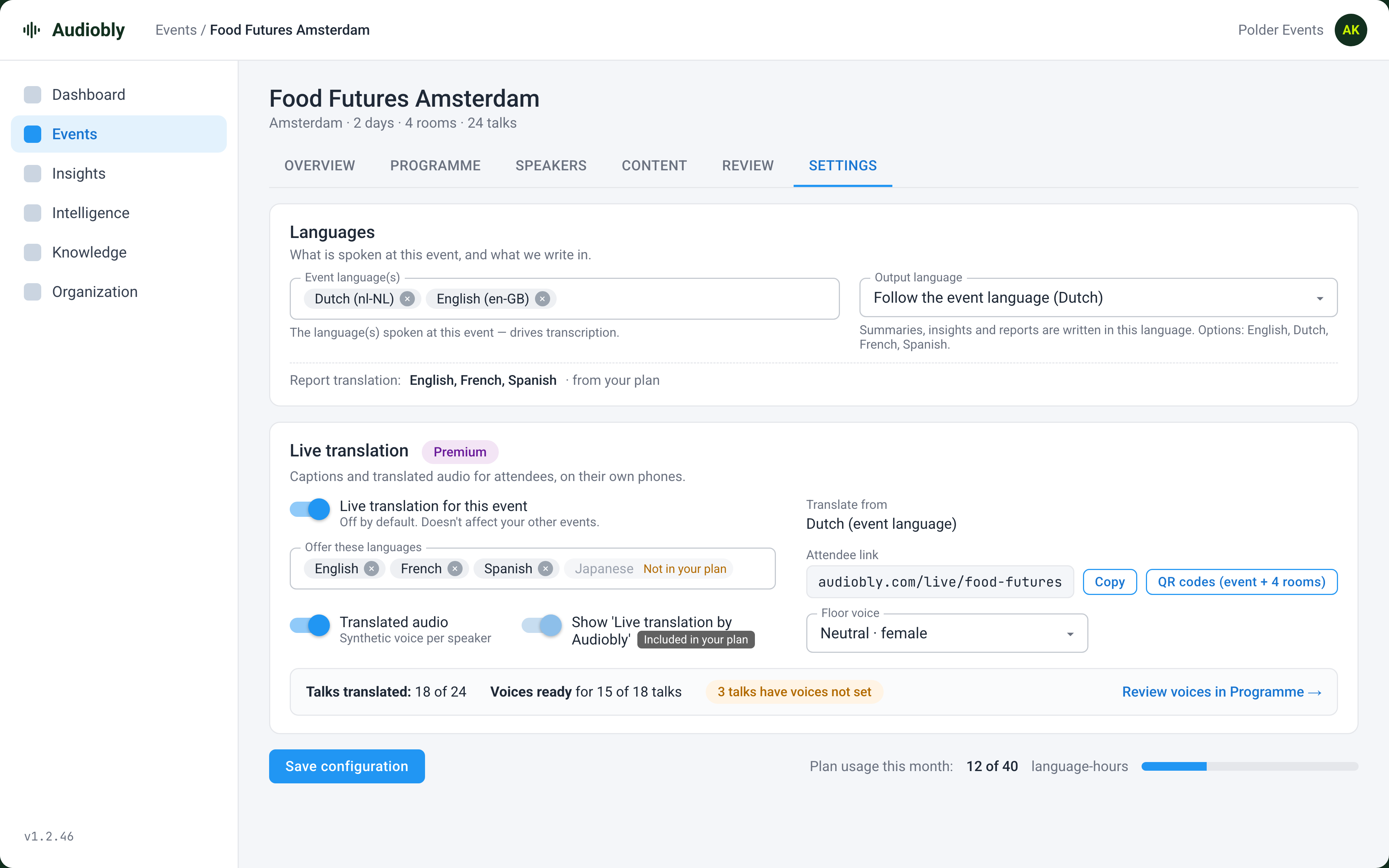 Event settings in Audiobly: the languages spoken, the report language, report translation and live translation