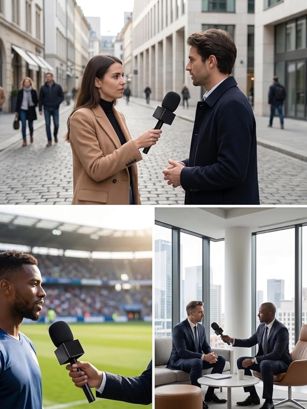Interviews on the street, pitch-side and in an office, each with a handheld microphone